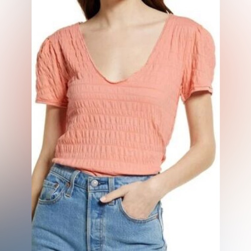 Free People We The Free Peach Smocked Short Sleeve Scoop Top